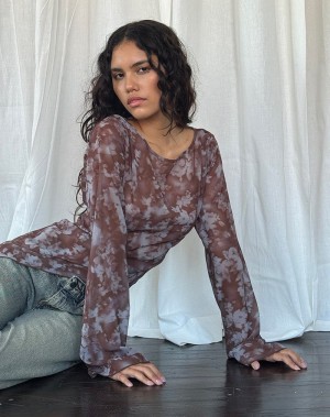 Women's Motel Rocks Arcelia Long Sleeve Mesh Blouse Grey Brown | SEP499IO