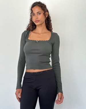 Women's Motel Rocks Bovita Long Sleeve Ribbed T Shirts Green Grey | GUL1824GZ