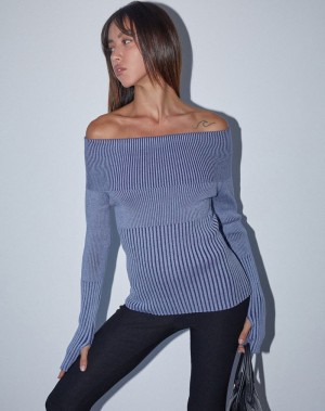 Women's Motel Rocks Circe Knitted Bardot Jumpers Blue | FTV1349UD