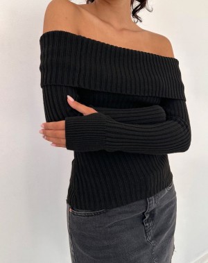 Women's Motel Rocks Circe Off-shoulder Long Sleeve Knit Top Jumpers Black | BWH7718ET