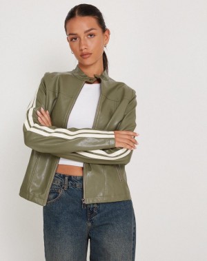 Women's Motel Rocks Jacquie Zip Up Biker Jacket Green White | DNJ5184SO