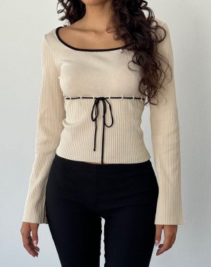 Women's Motel Rocks Juhye Knitted Long Sleeve T Shirts Beige Black | OBB9964XA