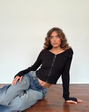 Women's Motel Rocks Radia Long Sleeve Off-shoulder Zip Through Jumpers Black | MGA3344NO