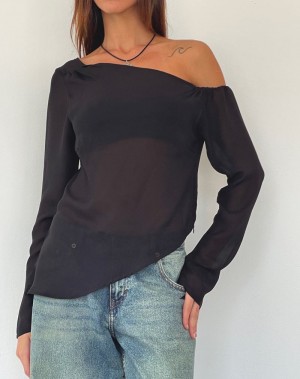 Women's Motel Rocks Riot Asymmetric Longline Blouse Black | XKP3399BO