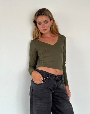 Women's Motel Rocks Sisil Long Sleeve T Shirts Green | XHL935IP