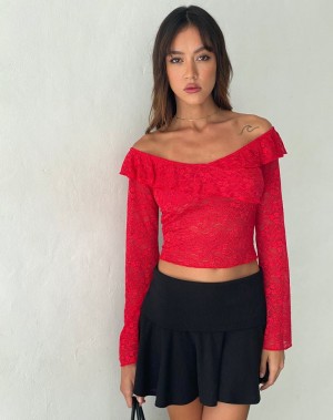 Women's Motel Rocks Soka Bardot Frill Cropped Tops Red | UNA1830IE