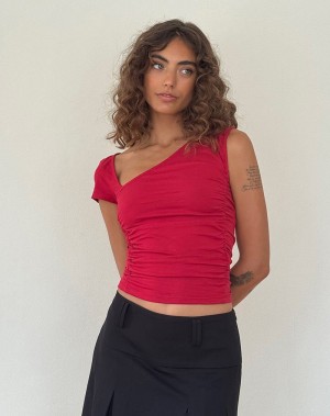 Women's Motel Rocks Sunhee Slash Neck Cropped Tops Red | WAO7721PJ