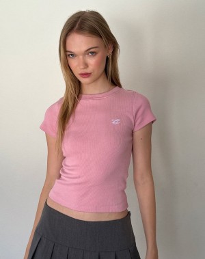 Women's Motel Rocks Suti Ribbed Tee T Shirts Pink White | SMX562JS