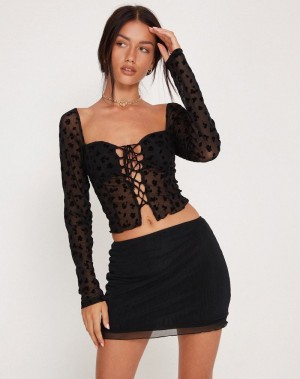 Women's Motel Rocks Tura Long Sleeve Cropped Tops Black | QUS791GI