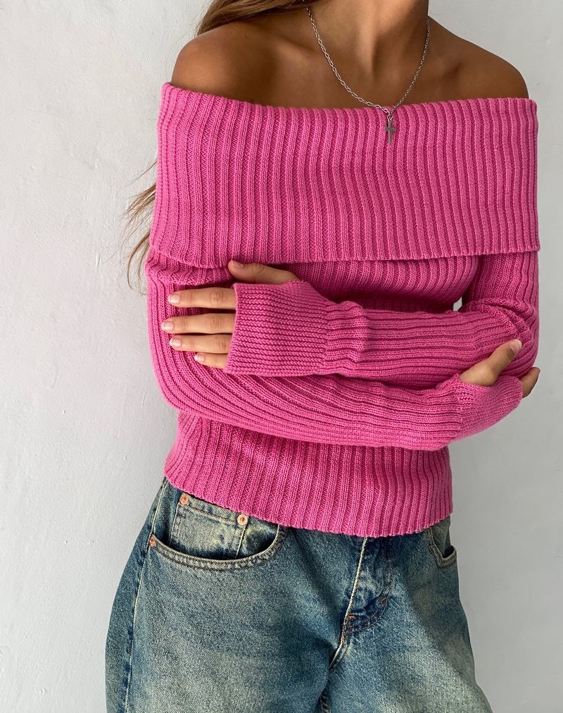 Women's Motel Rocks Circe Off-shoulder Long Sleeve Knit Top Jumpers Pink | ZLR363BD