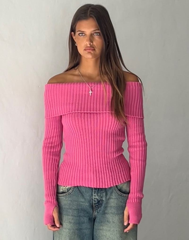 Women's Motel Rocks Circe Off-shoulder Long Sleeve Knit Top Jumpers Pink | ZLR363BD