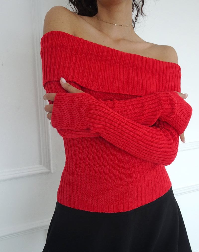 Women's Motel Rocks Circe Off-shoulder Long Sleeve Knit Top Jumpers Red | DCL4788JE