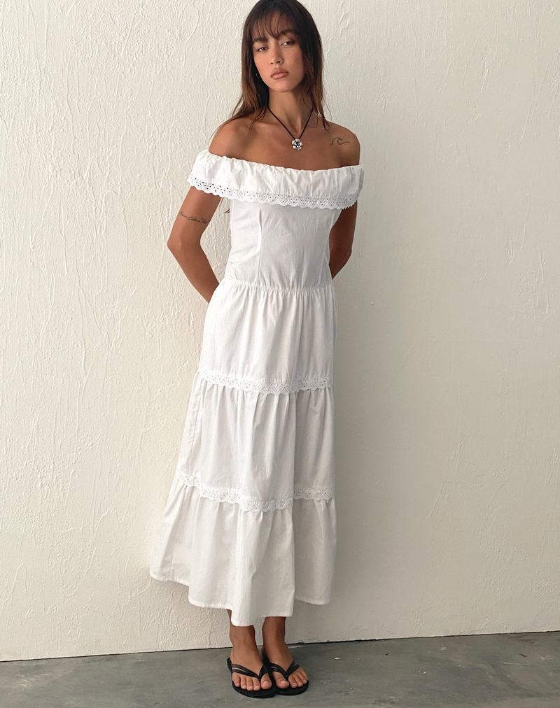 Women\'s Motel Rocks Helpa Tiered Bardot Maxi Dress White | QAV3250VR