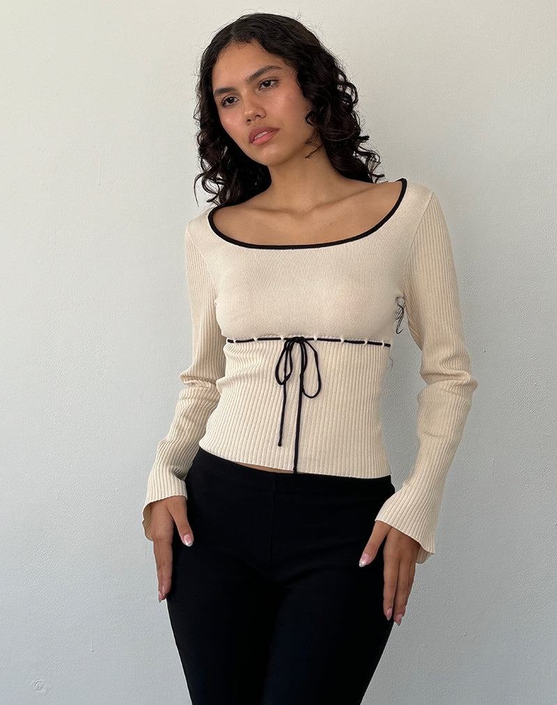 Women's Motel Rocks Juhye Knitted Long Sleeve T Shirts Beige Black | OBB9964XA