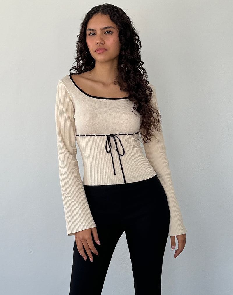 Women's Motel Rocks Juhye Knitted Long Sleeve T Shirts Beige Black | OBB9964XA