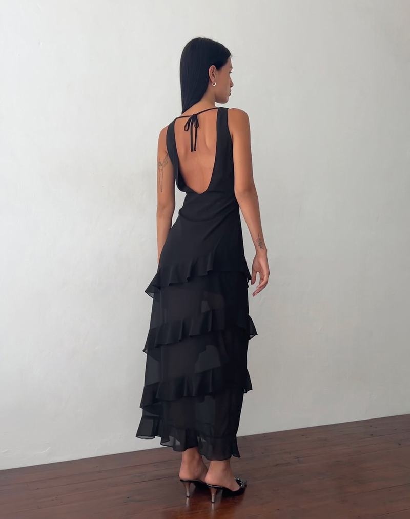 Women's Motel Rocks Otna Ruffle Detail Chiffon Maxi Dress Black | YXP1663VH