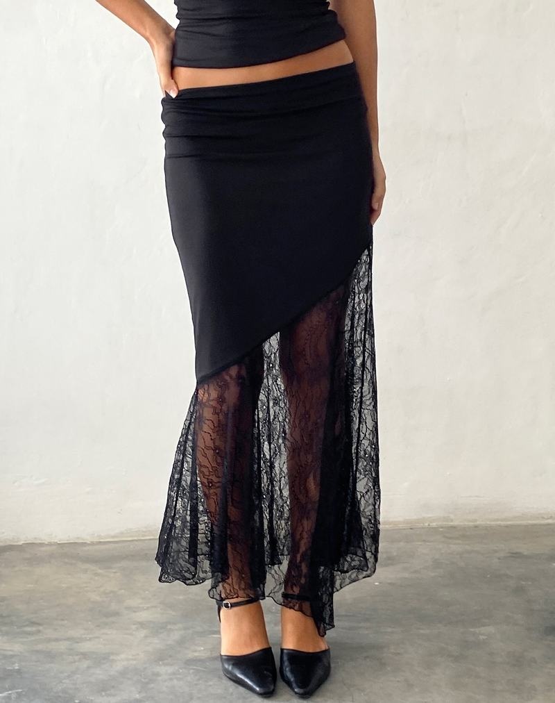 Women's Motel Rocks Seraphina Asymmetric Lace Hem Maxi Skirts Black | DKO5052SI