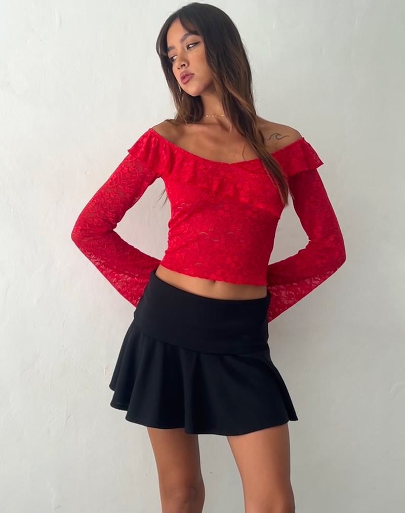 Women's Motel Rocks Soka Bardot Frill Cropped Tops Red | UNA1830IE